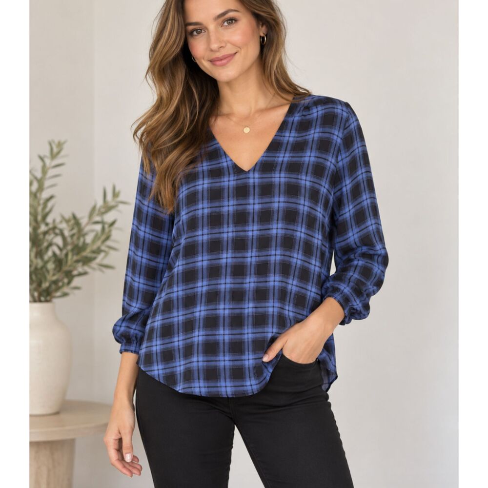 Amanda Uprichard 100% Silk Blue Black Plaid V-Neck Blouse Size M